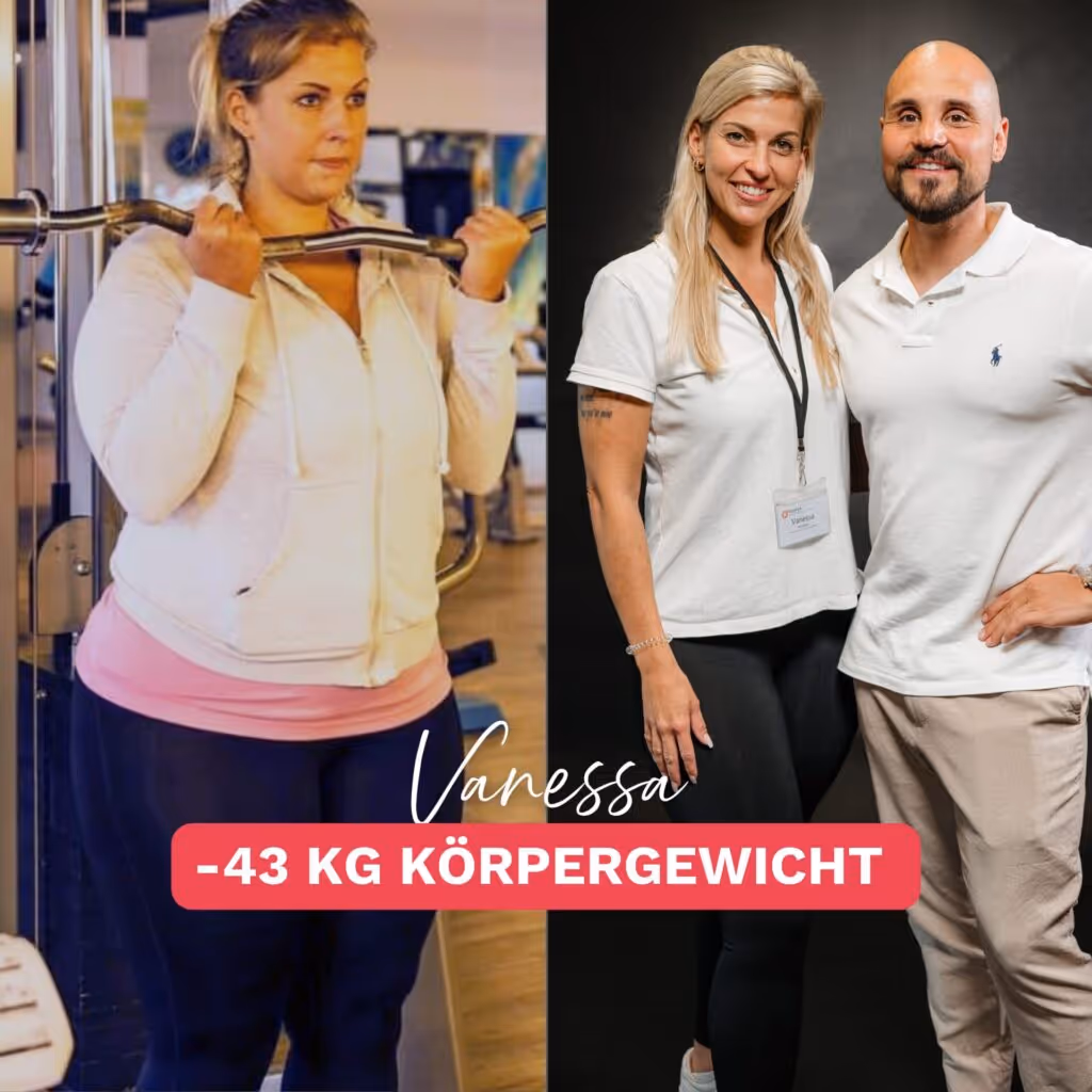 Ernährungsexperte Andreas Kotte mit Teilnehmerin Vanessa im Vorher-Nachher-Vergleich. Links Vanessa vor der Abnahme. Rechts Vanessa mit -43 kg zusammen mit Andreas.