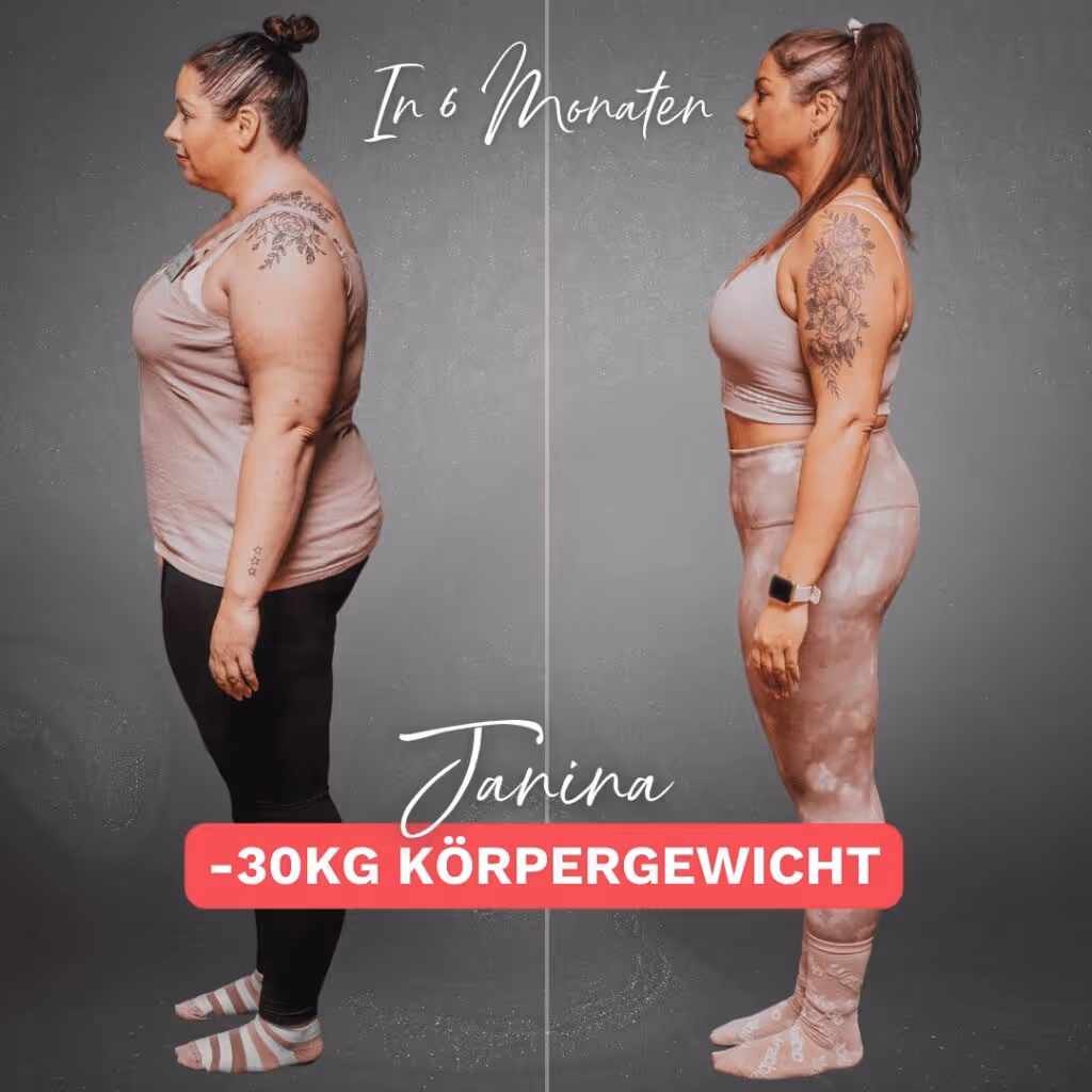 Vorher Nachher Janina. Sie hat 30 Kilo in 6 Monaten abgenommen mit der Körperverwandlung.