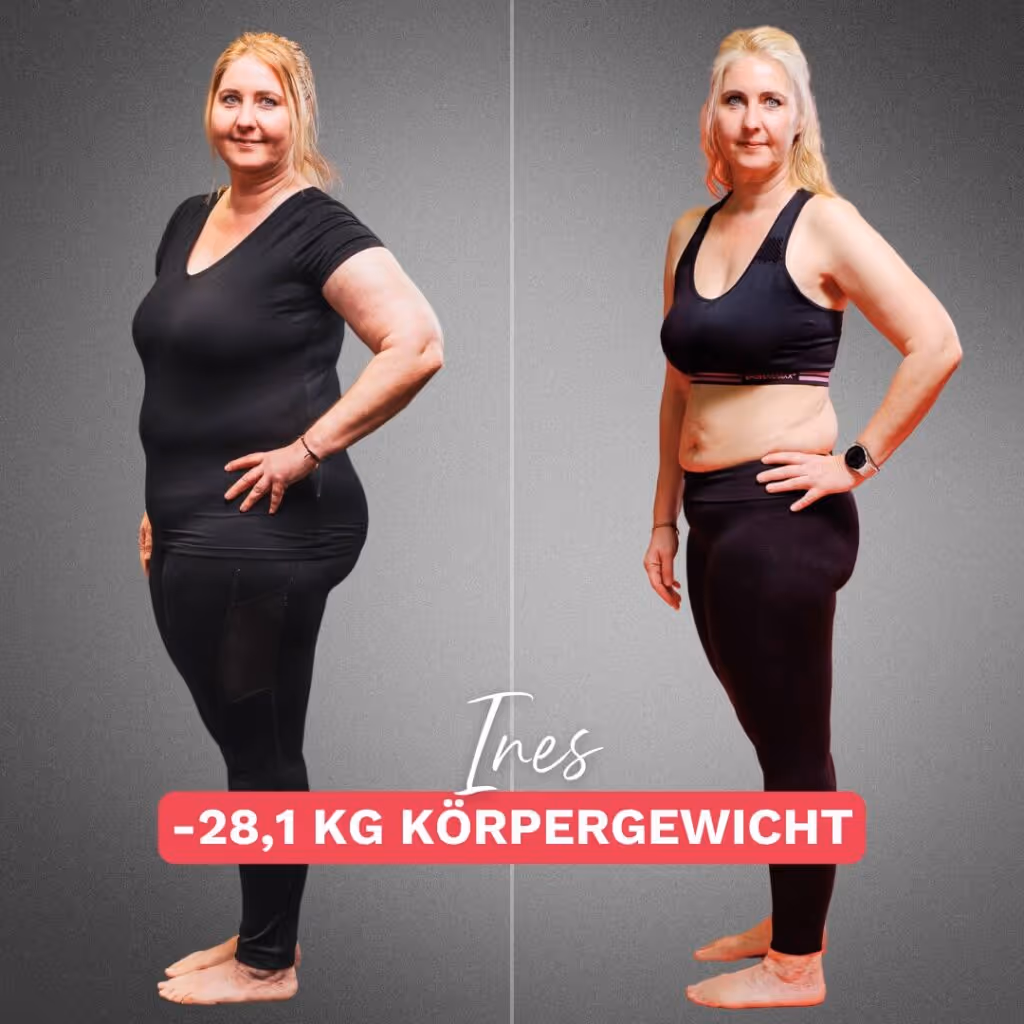 Teilnehmerin Ines der online Ernährungsberatung Körperverwandlung. Links vor ihrer Teilnahme und rechts nach ihrer Teilnahme mit 28,2 kg Körpergewicht leichter.