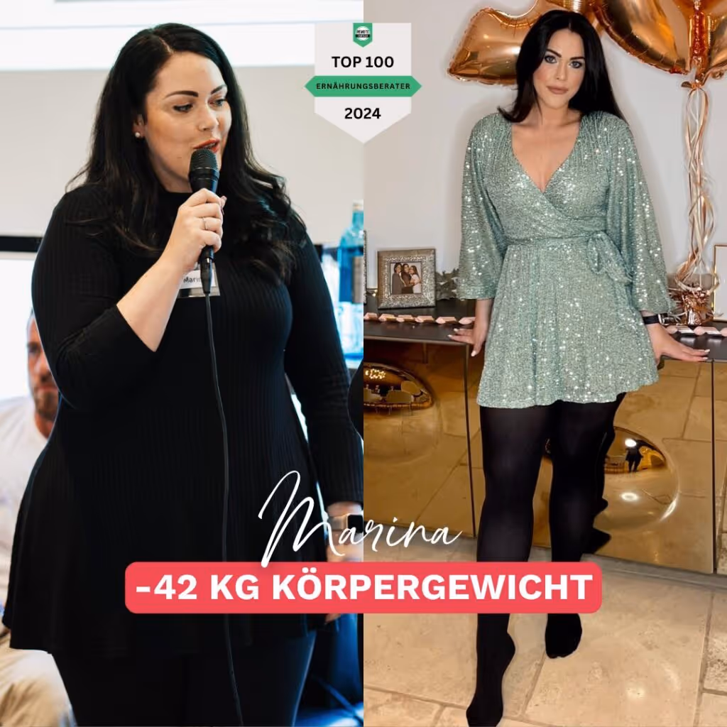 Marinas Transformation trotz Lipödem: 42 kg Gewichtsverlust durch gezieltes Coaching bei Körperverwandlung. Links vor dem Abnehmen, rechts nach der erfolgreichen Veränderung.