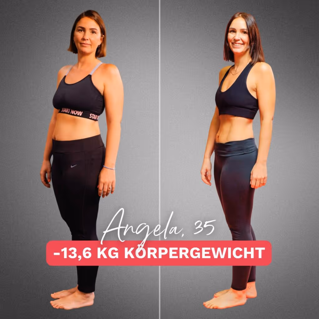 Vorher nachher Bild von Angela, einer Teilnehmerin der Online-Ernährungsberatung bei Körperverwandlung, mit einem Gewichtsverlust von 23 kg Links vor der Abnahme, rechts nach ihrem Erfolg.