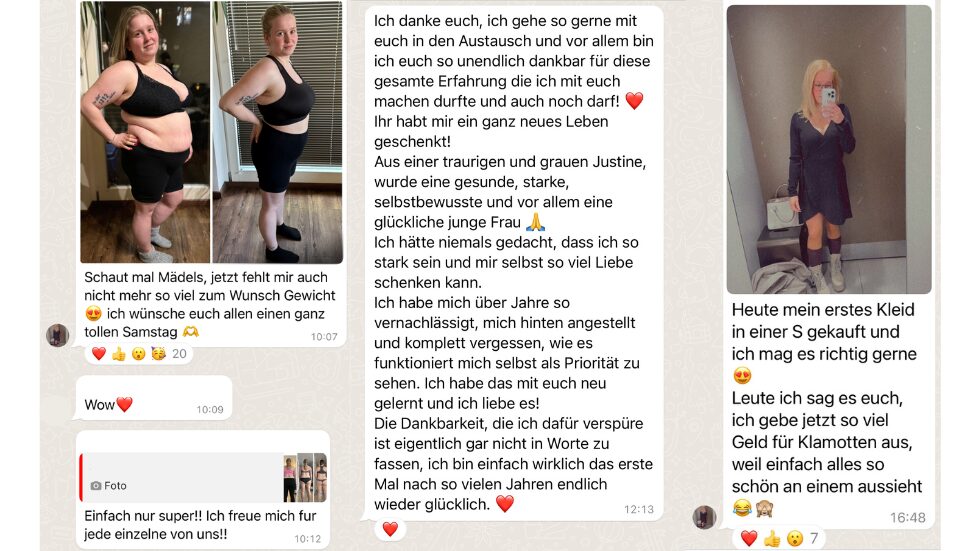 WhatsApp Nachrichten von Justine einer Teilnehmerin der Online Ernährungsberatung Körperverwandlung