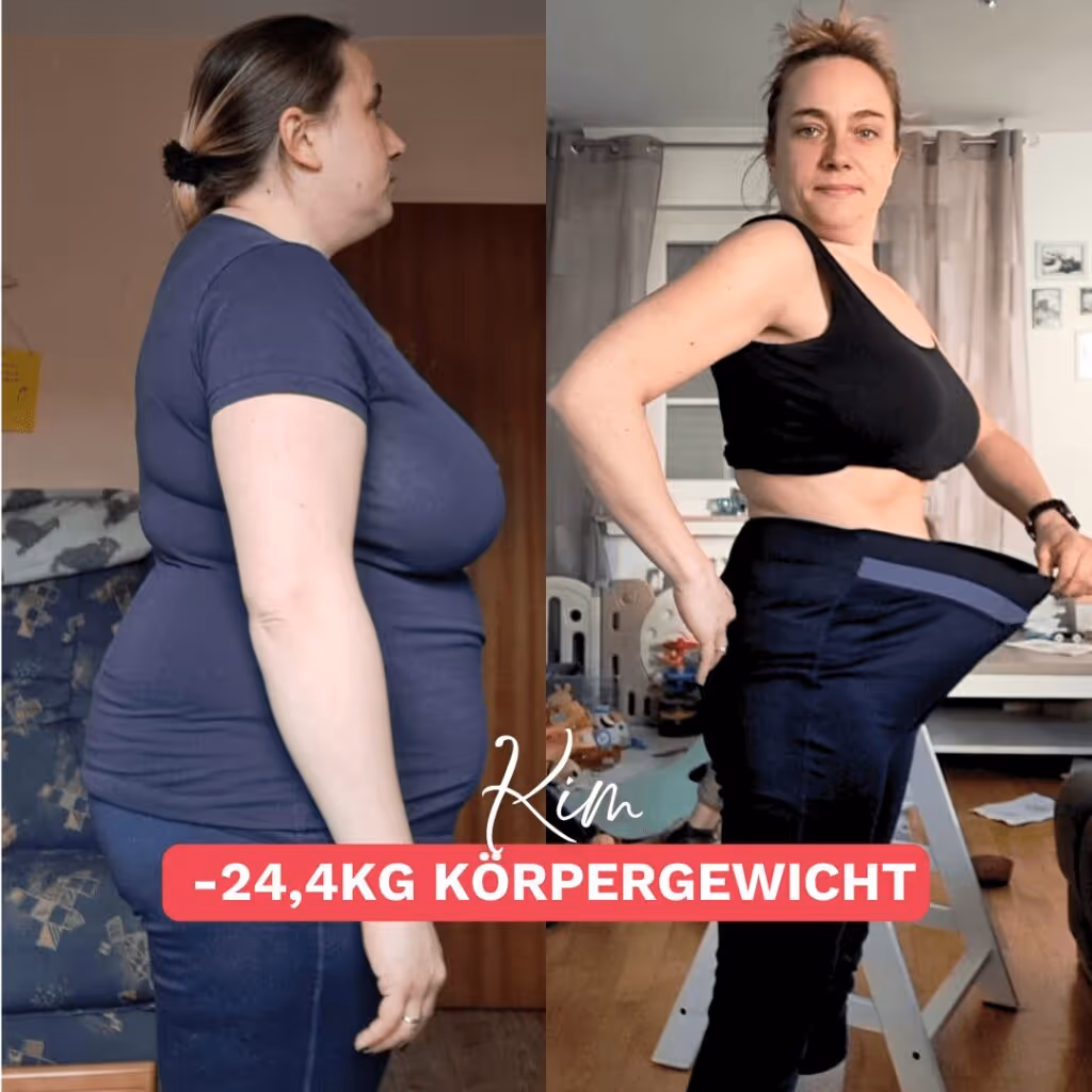 Vorher-Nachher-Bild einer Frau namens Kim, die 24,4 Kilo abgenommen hat. Links zeigt sie sich vor ihrer Transformation, rechts trägt sie eine deutlich größere Hose, die ihren Erfolg sichtbar macht. Inspirierende Geschichte über Abnehmen und mehr Lebensfreude