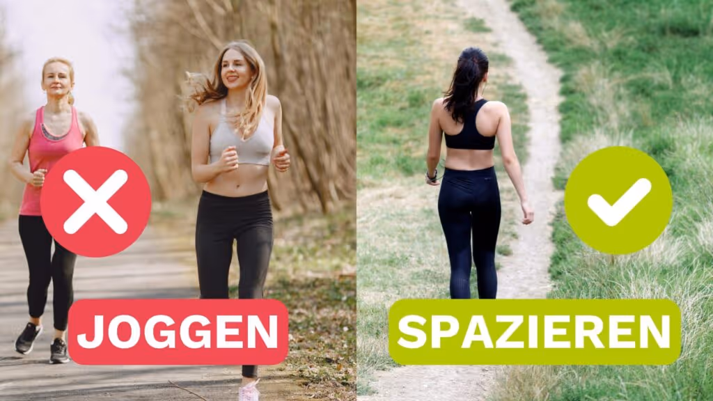 Frauen gehen joggen und spazieren. Joggen wird im Gegensatz zum Spazieren als schlecht dargestellt.