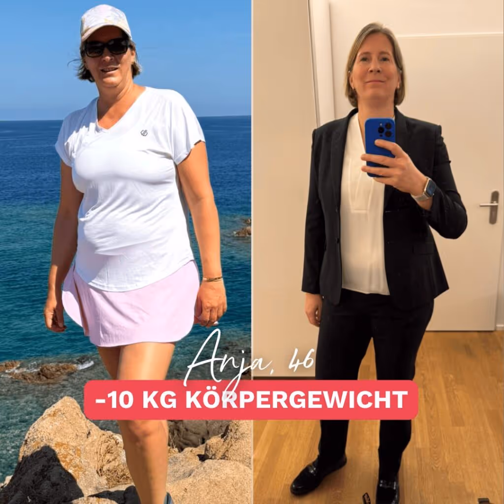 Vorher-Nachher-Bild von Anja nach 10 kg Gewichtsverlust. Ihre beeindruckende Veränderung zeigt, wie gesunde Ernährung und gezieltes Training zu einem fitteren Körper und mehr Selbstbewusstsein gefühlt haben.