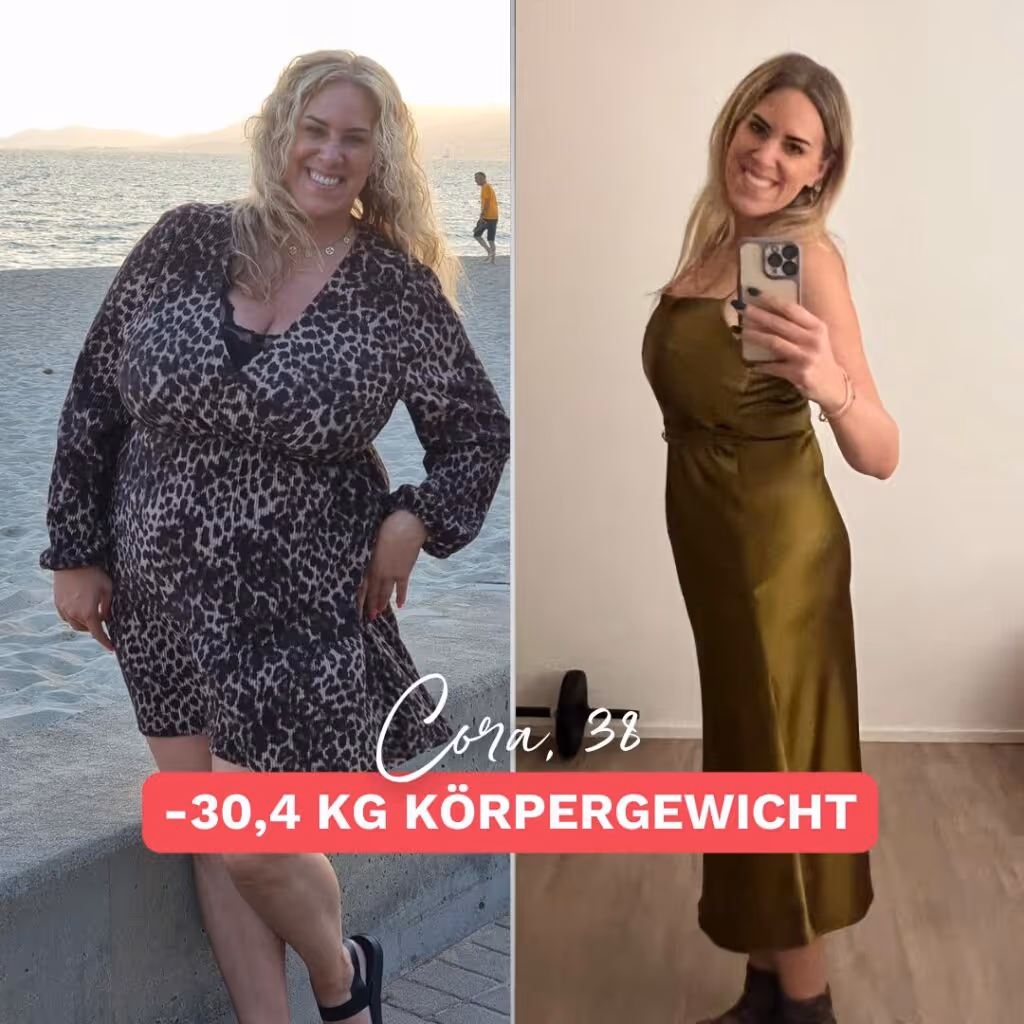 Vorher-Nachher-Bild einer Frau namens Cora, die 30,84 Kilo abgenommen hat. Links zeigt sie sich vor ihrer Transformation, rechts trägt sie engere Kleidung, die ihren Erfolg sichtbar macht. Inspirierende Geschichte über Abnehmen und mehr Lebensfreude