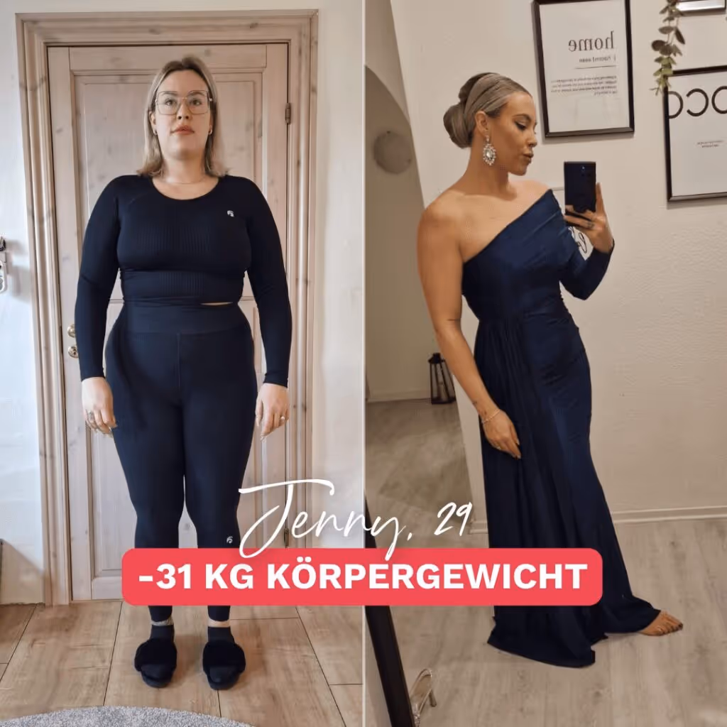 Vorher-Nachher-Bild einer Frau, die 31 kg abgenommen hat. Links: Vorher-Bild mit mehr Körpergewicht, sie trägt schwarze Sportkleidung und steht vor einer Tür. Rechts: Nachher-Bild mit sichtbar weniger Gewicht, sie trägt ein elegantes, dunkelblaues Abendkleid, macht ein Selfie und wirkt selbstbewusst. Dank ihrer Gewichtsabnahme hat sie nun keine Probleme mehr, ein schönes Outfit für besondere Anlässe zu finden