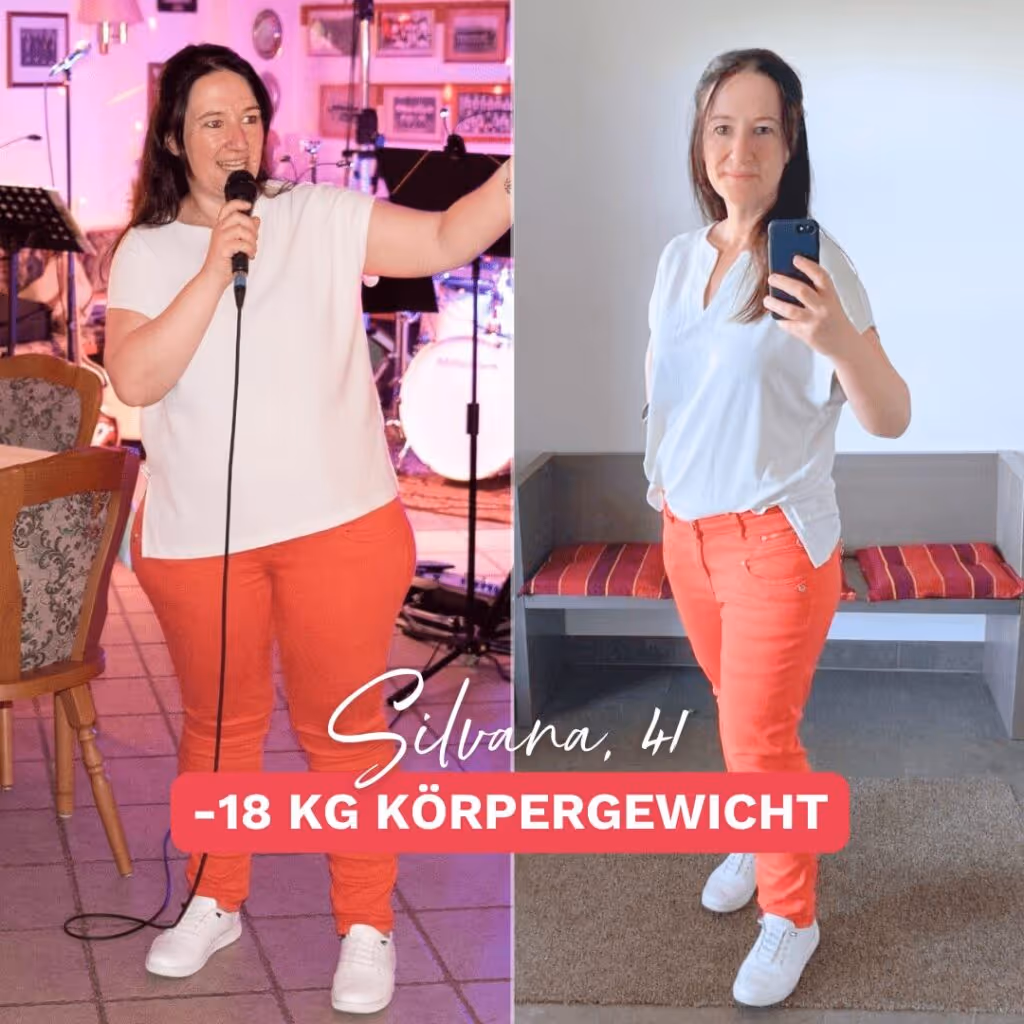 Vorher-Nachher-Bild einer Frau, die 18 kg abgenommen hat. Links: Vorher-Bild mit mehr Körpergewicht, sie trägt eine weiße Bluse und rote Hose, spricht in ein Mikrofon. Rechts: Nachher-Bild mit sichtbar weniger Gewicht, gleiche Kleidung, sie macht ein Selfie und wirkt schlanker und glücklicher. Erfolgsgeschichte zum Thema Abnehmen