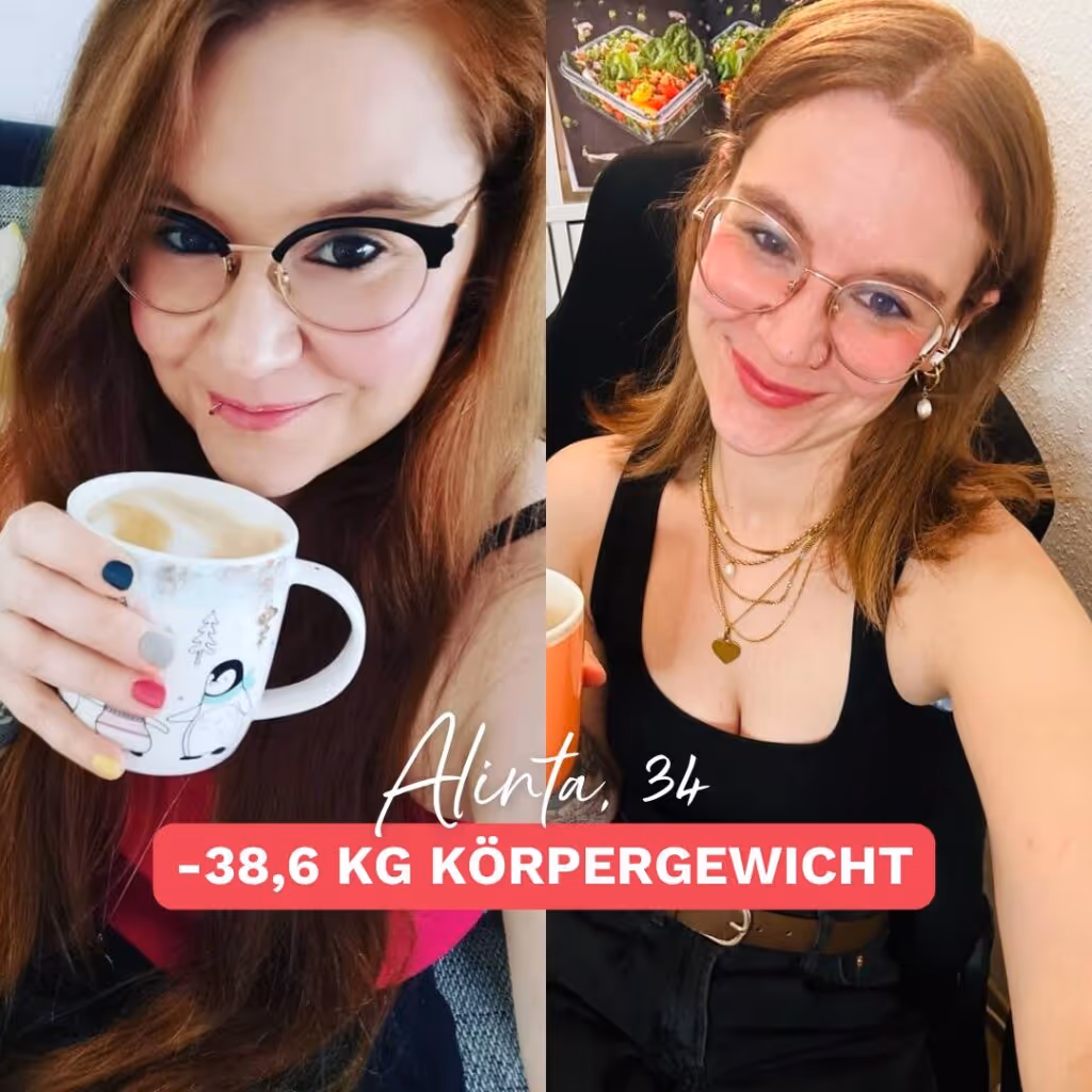 Alintas Abnahme im Gesicht: 38,6 kg Gewichtsverlust durch nachhaltiges Coaching und gezielte Unterstützung bei Körperverwandlung.