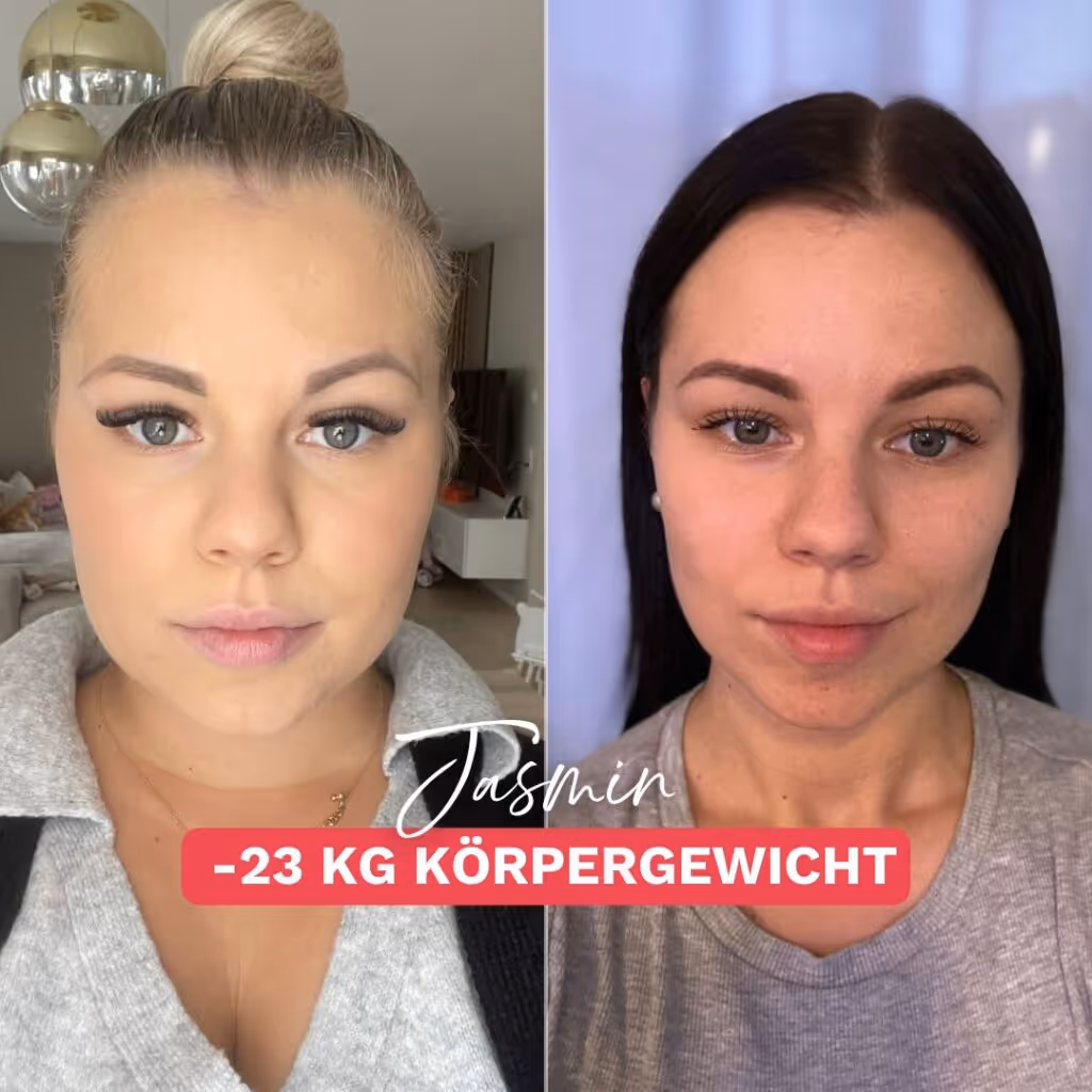 Jasmins Abnahme im Gesicht: 23 kg Gewichtsverlust durch nachhaltiges Coaching und gezielte Unterstützung bei Körperverwandlung.
