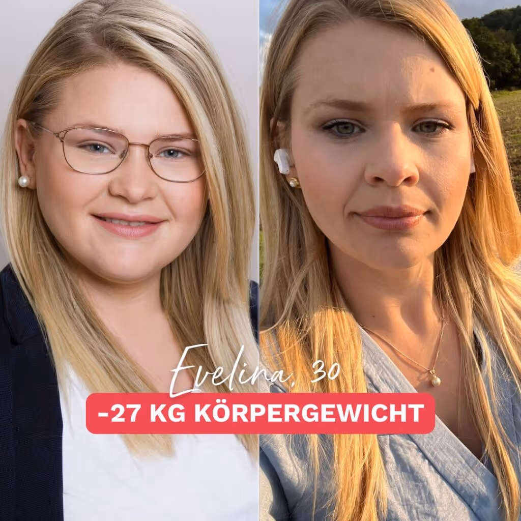 Evas Abnahme im Gesicht: 27 kg Gewichtsverlust durch nachhaltiges Coaching und gezielte Unterstützung bei Körperverwandlung.