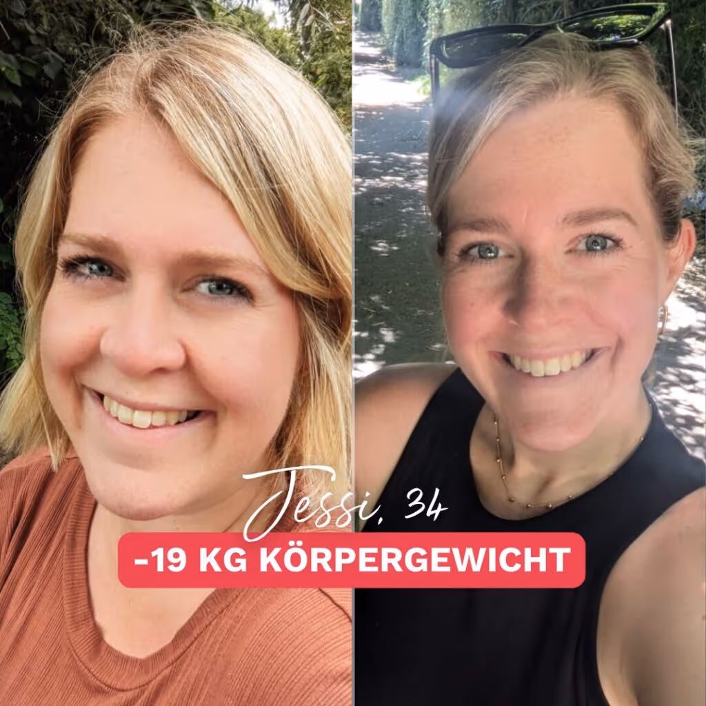 Jessicas Abnahme im Gesicht: 19 kg Gewichtsverlust durch nachhaltiges Coaching und gezielte Unterstützung bei Körperverwandlung.