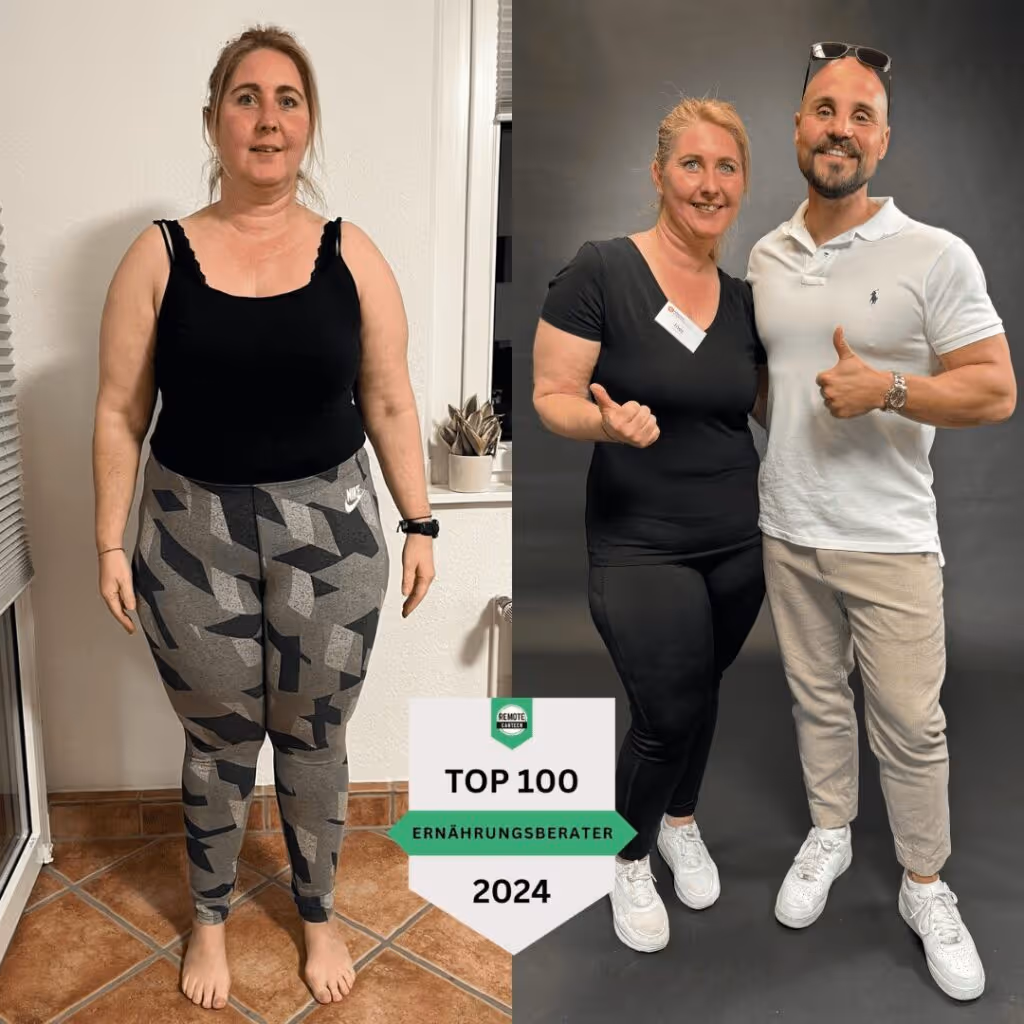 Vorher-Nachher-Bild von Ines, 49 Jahre, die -22,6 kg Körpergewicht verloren hat. Links mit Übergewicht, rechts sichtbar schlanker in schwarzer Kleidung. Erfolgreich den Wechseljahre Bauch wie schwanger reduziert und eine neue Figur erreicht.