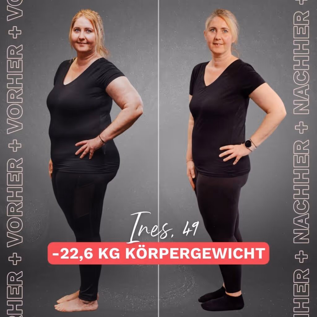 Ines, 49 Jahre, auf ihrem Erfolgsweg nach der Körperverwandlung. Links vor dem Coaching mit mehr Gewicht, rechts mit Andreas Kotte nach ihrem Gewichtsverlust. Wechseljahre Bauch wie schwanger erfolgreich überwunden und in den Top 100 Ernährungsberatern 2024 vertreten.
