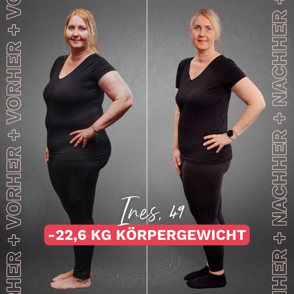 Ines, 49 Jahre, auf ihrem Erfolgsweg nach der Körperverwandlung. Links vor dem Coaching mit mehr Gewicht, rechts mit Andreas Kotte nach ihrem Gewichtsverlust. Wechseljahre Bauch wie schwanger erfolgreich überwunden und in den Top 100 Ernährungsberatern 2024 vertreten.
