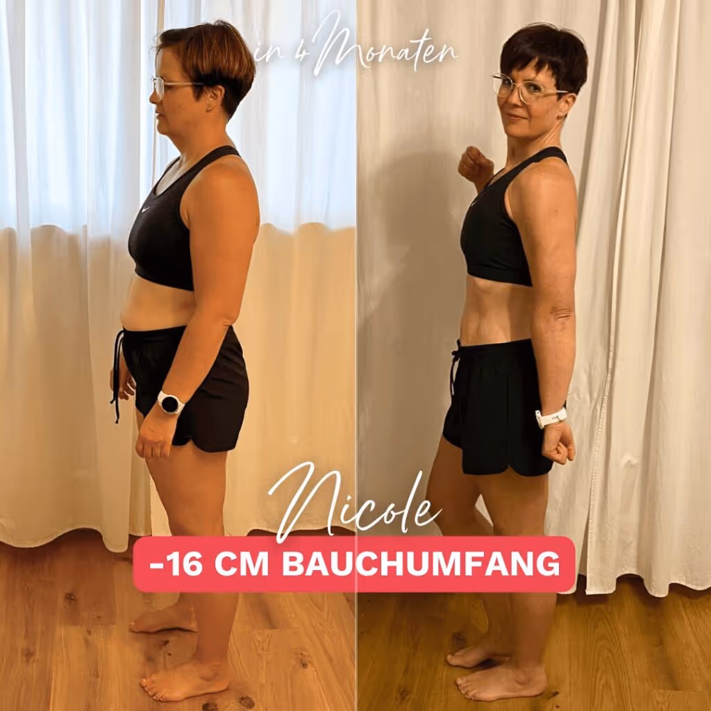 Abnehmen Vorher Nachher Bilder: Nicole hat in nur 4 Monaten ihren Bauchumfang um 16 cm reduziert – durch eine gesunde Ernährung und effektive Routinen.