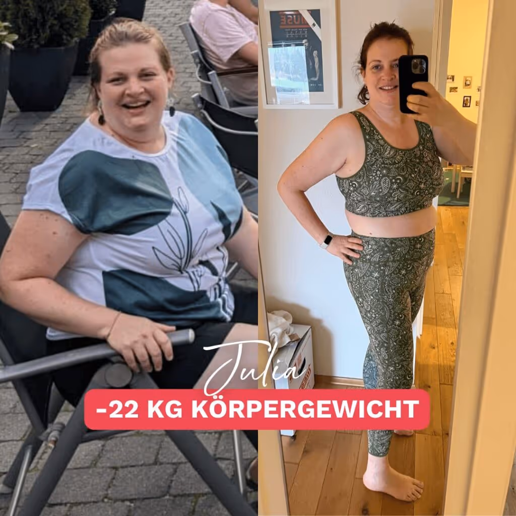 Julias Veränderung nach der Schwangerschaft: -22 kg durch eine alltagstaugliche Gewichtsabnahme nach Schwangerschaft – sichtbar glücklich.