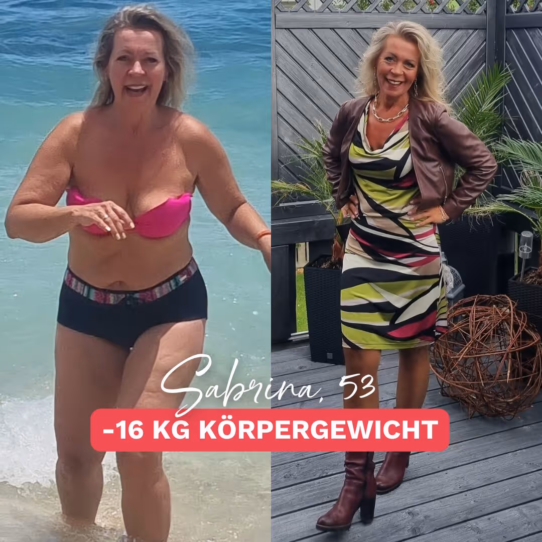 Vorher-Nachher-Bild einer Frau namens Sabrina, die 16 Kilo trotz Wechseljahre abgenommen hat.