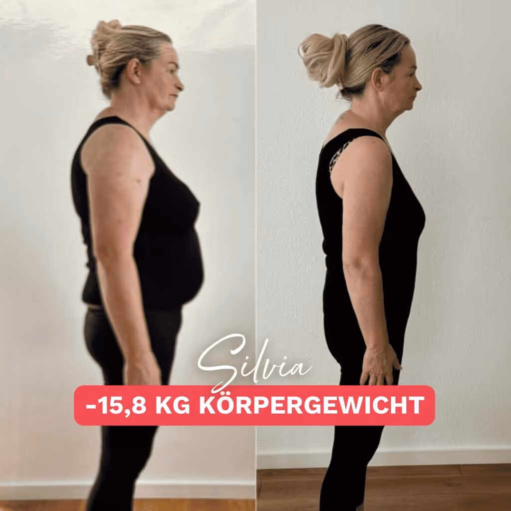 Silvia zeigt im Seitenvergleich, wie sich der Körper verändern kann – gerade bauchfett frauen ab 50 profitieren von gezielter Ernährung und Bewegung.