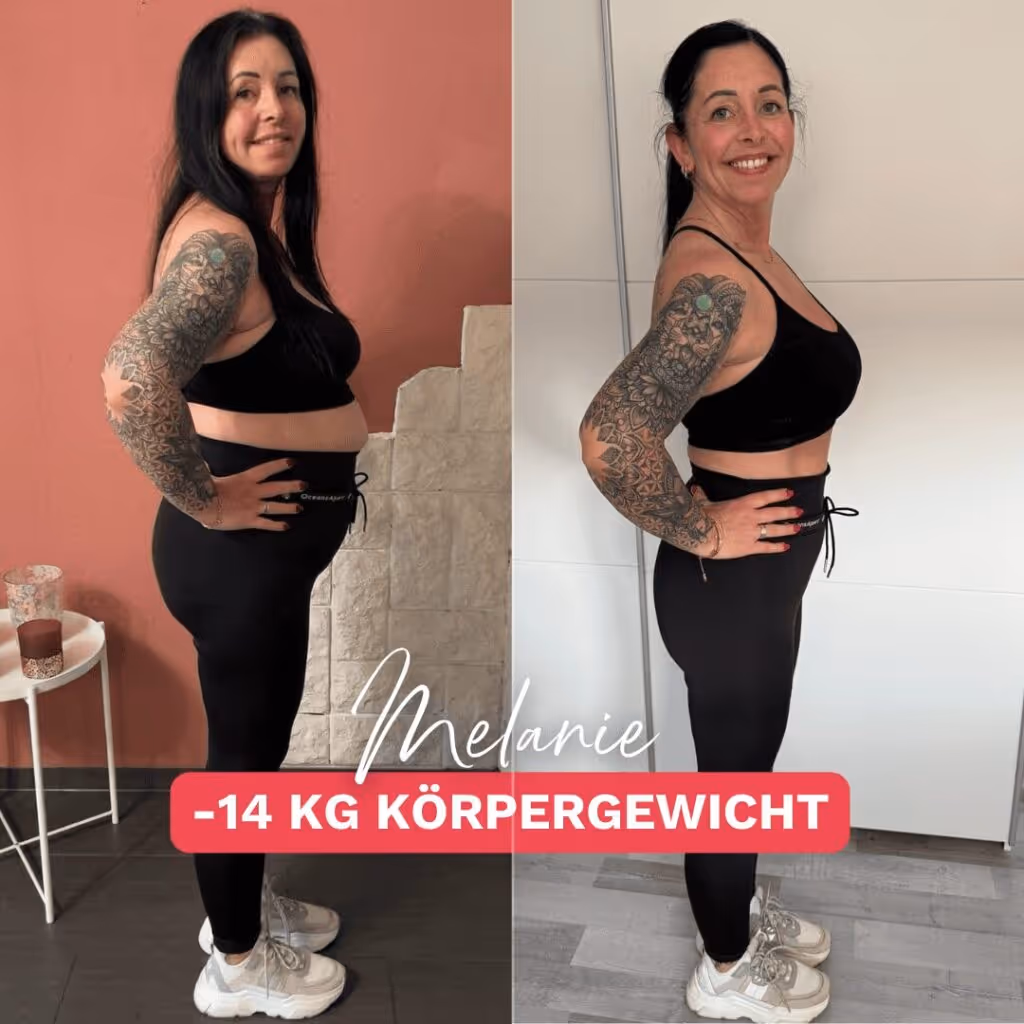 Melanies Transformation zeigt, wie gezieltes Training und Ernährung Fett am Bauch sichtbar reduzieren können