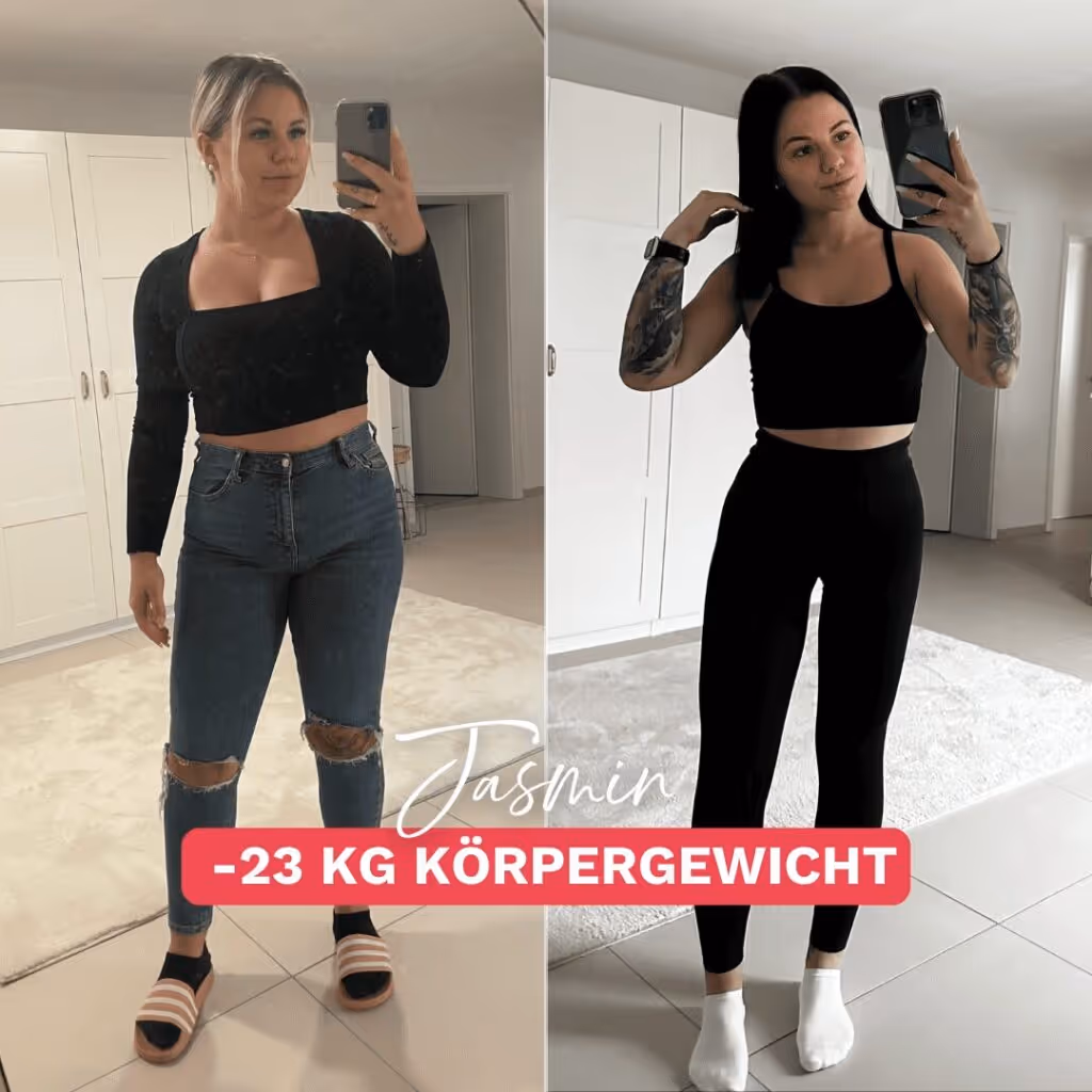 Jasmins beeindruckende Transformation trotz Lipödem: 23 kg Gewichtsverlust durch nachhaltiges Coaching und gezielte Unterstützung bei Körperverwandlung.