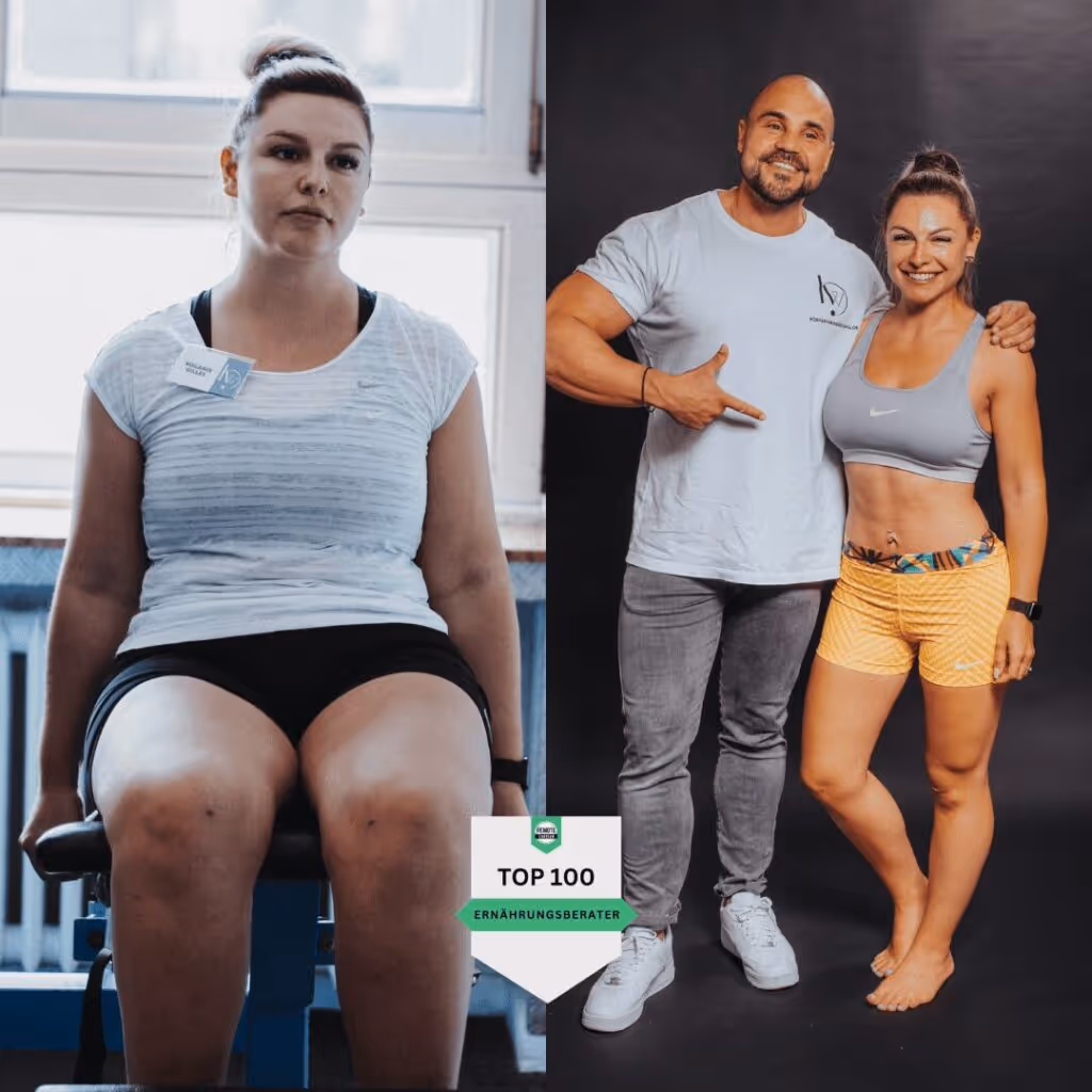 Vorher-Nachher-Foto einer Frau mit Lipödem, die durch das Coaching bei Körperverwandlung sichtbar an Lebensqualität und Figur gewonnen hat.