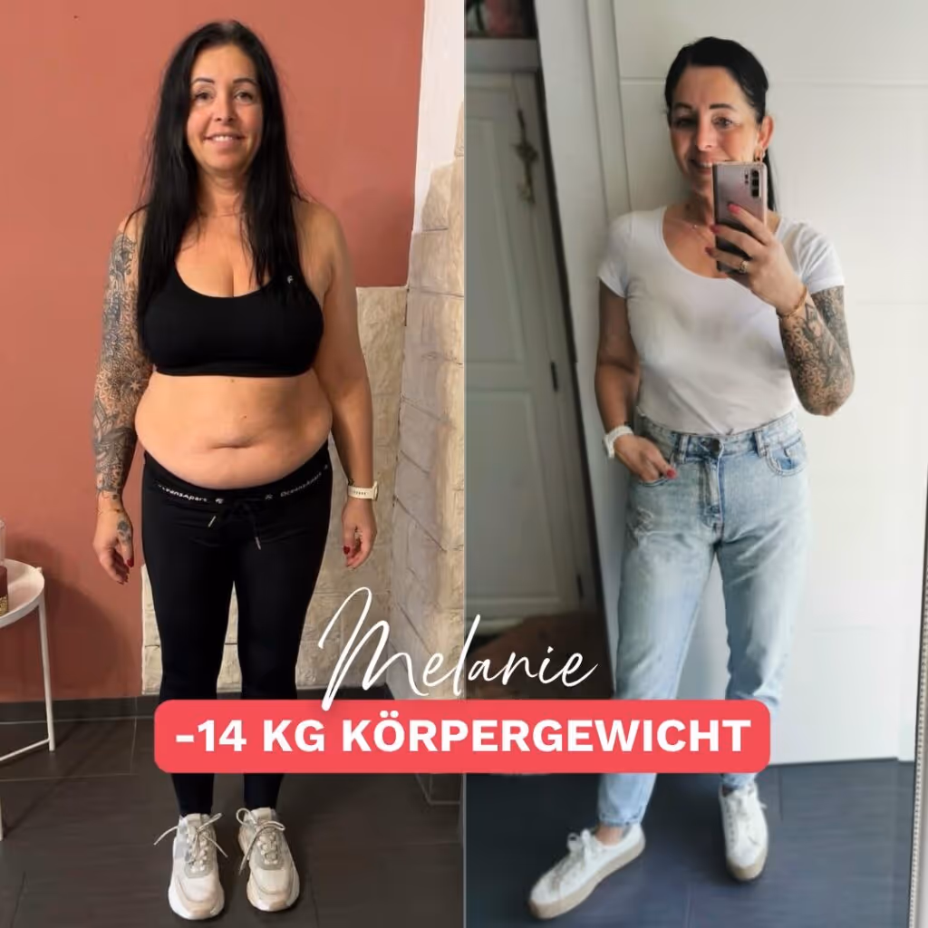 Vorher-Nachher-Bild einer Frau namens Melanie, die 14 Kilo sichtlich am Bauch abgenommen hat