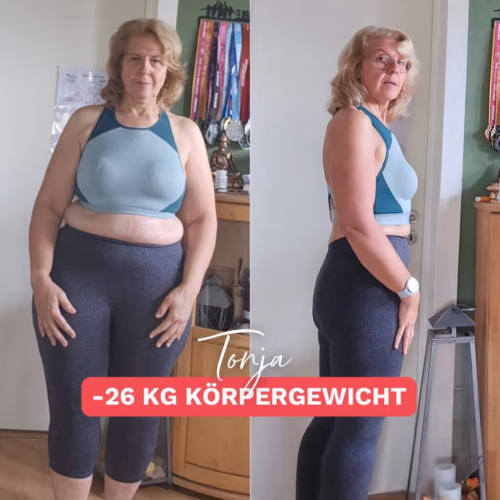 Vorher-Nachher-Bild einer Frau namens Tonja, die 26 Kilo trotz Wechseljahre abgenommen hat