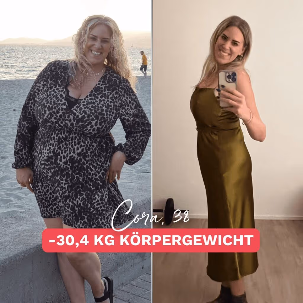 Cora im Vorher-Nachher-Vergleich: Links im Strandkleid, rechts im eleganten, figurbetonten Kleid. Sie hat 30,4 kg abgenommen und wirkt glücklich, stolz und voller Selbstbewusstsein