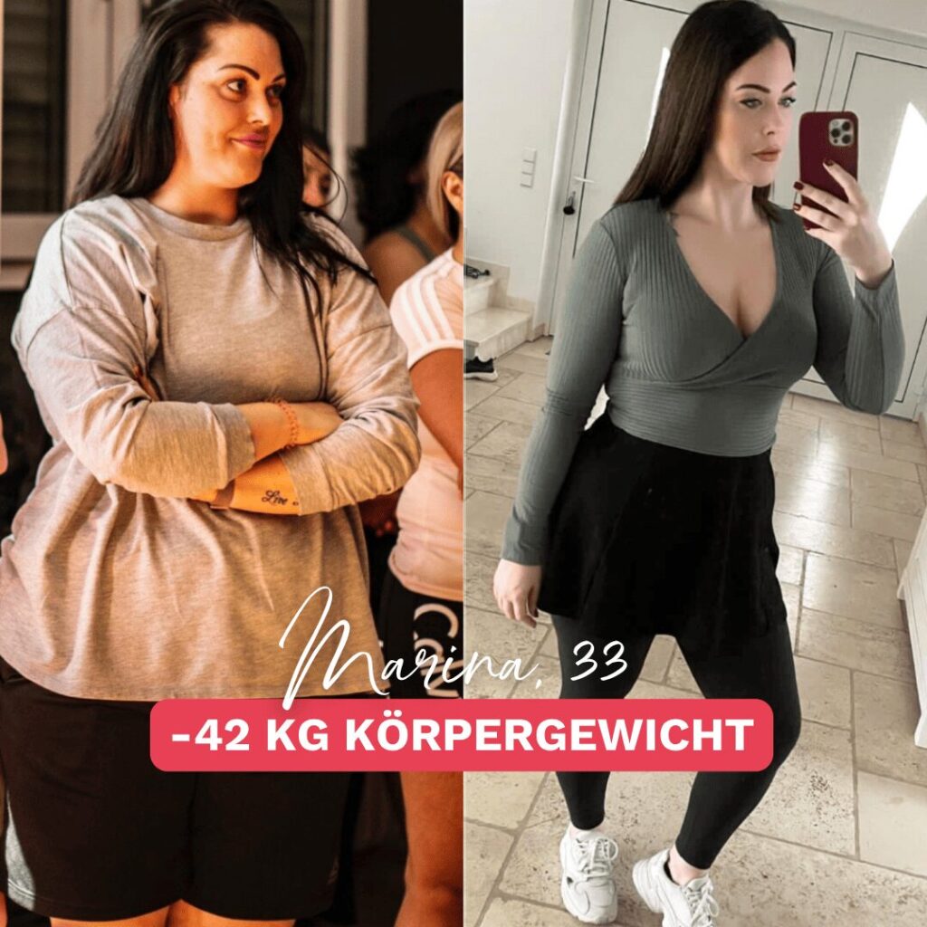 Frau vor und nach ihrer erfolgreichen Abnahme, links im Oversize-Pullover, rechts nach 42 kg Gewichtsverlust in sportlicher Kleidung vor dem Spiegel