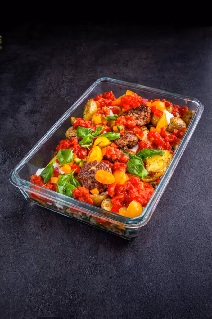 Kartoffelauflauf mit Hackbällchen, gelben Tomaten, Spinat und frischer Tomatensauce – herzhaftes Meal Prep Gericht für unterwegs oder fürs Büro
