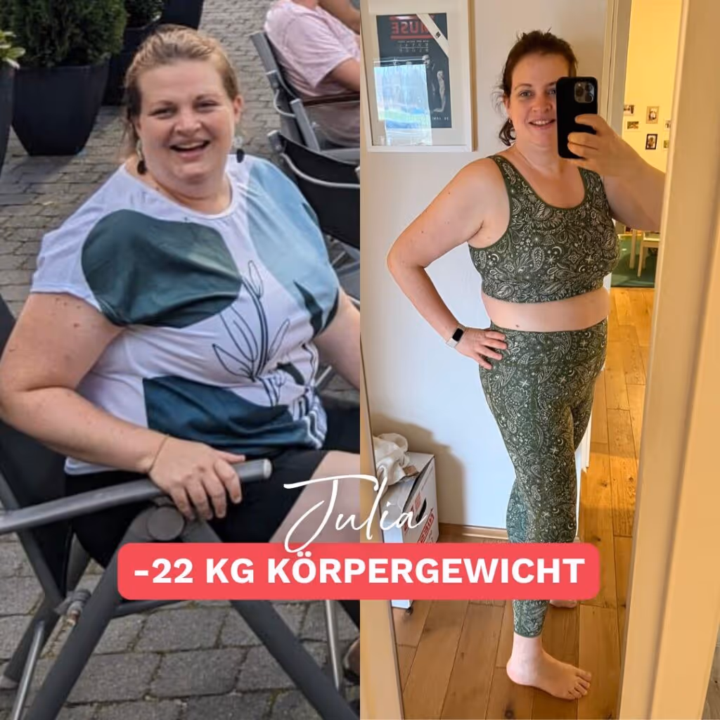 Vorher-Nachher-Bild von Julia mit 22 kg weniger Körpergewicht. Der direkte Vergleich zeigt ihre beeindruckende Transformation durch gezielte Abnehmstrategien.