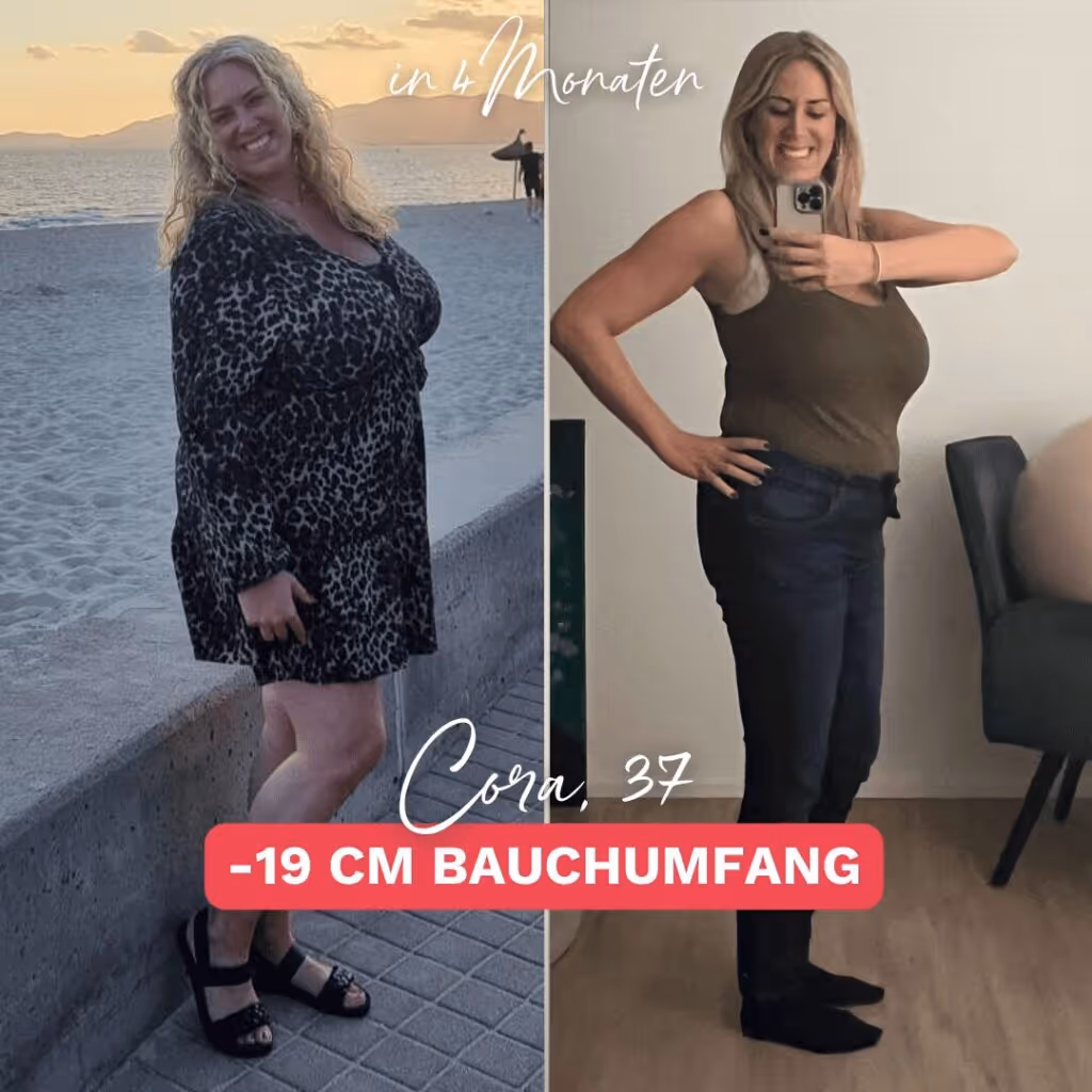 Vorher-Nachher-Bild von Cora mit dem Fokus auf ihrem Bauchumfang. In nur 4 Monaten hat sie 19 cm verloren – ein großer Schritt auf ihrem Weg, insgesamt 30 kg abzunehmen.