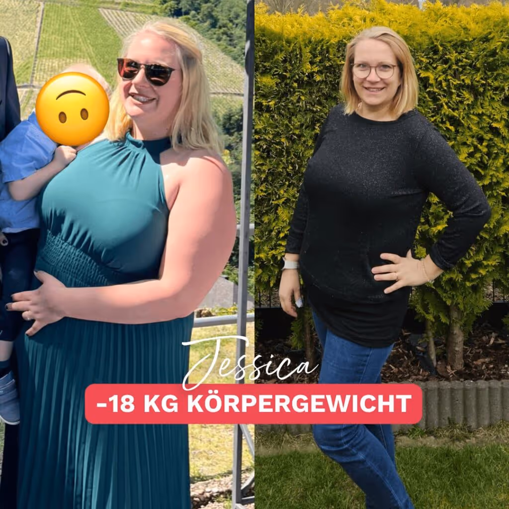 essica hat als Mama abgenommen und zeigt auf dem Vorher-Nachher-Bild ihren Erfolg mit –18 kg Körpergewicht. Ein inspirierendes Beispiel dafür, wie Abnehmen auch mit Kind funktionieren kann.