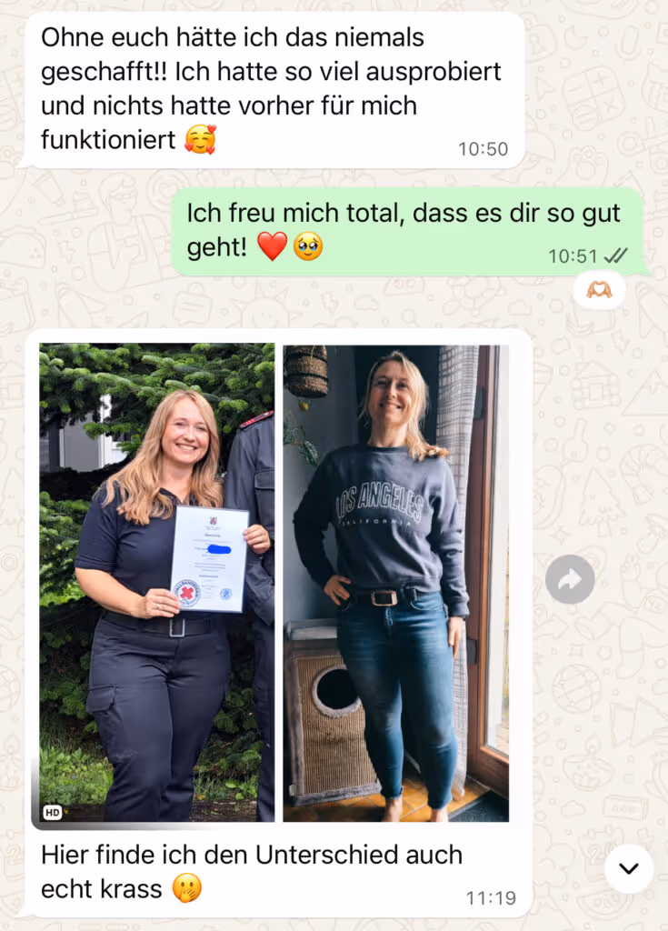 WhatsApp Nachricht einer zufriedenen Teilnehmerin der Körperverwandlung die 24 kg abgenommen hat