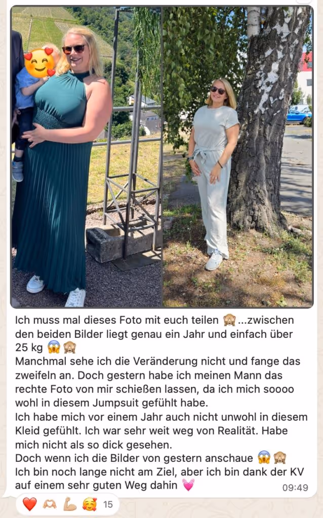 WhatsApp Nachricht einer zufriedenen Teilnehmerin der Körperverwandlung die 26 kg abgenommen hat