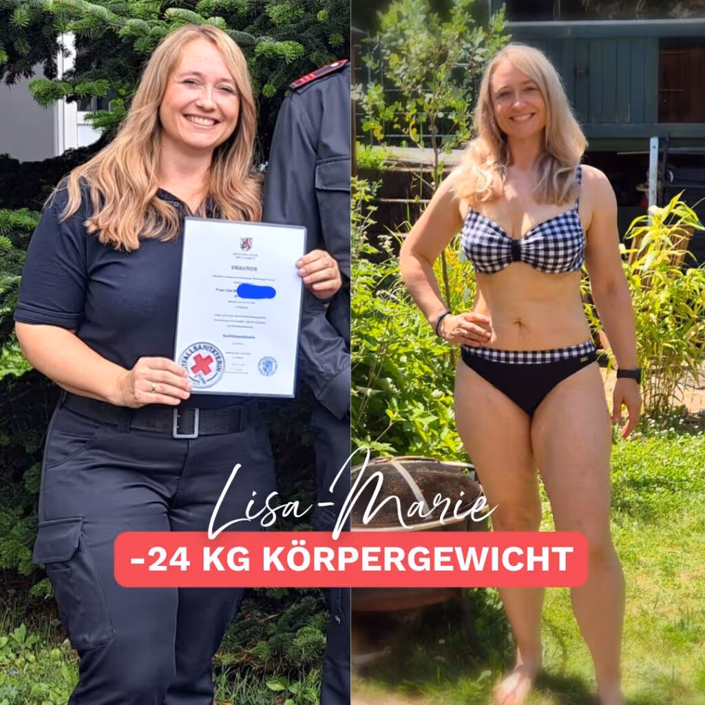 Vorher-Nachher-Bild einer Frau namens Lisa-Marie, die 24 Kilo abgenommen hat. Links zeigt sie sich vor ihrer Transformation, rechts trägt sie einen Bikini, die ihren Erfolg sichtbar macht. Inspirierende Geschichte über Abnehmen und mehr Lebensfreude