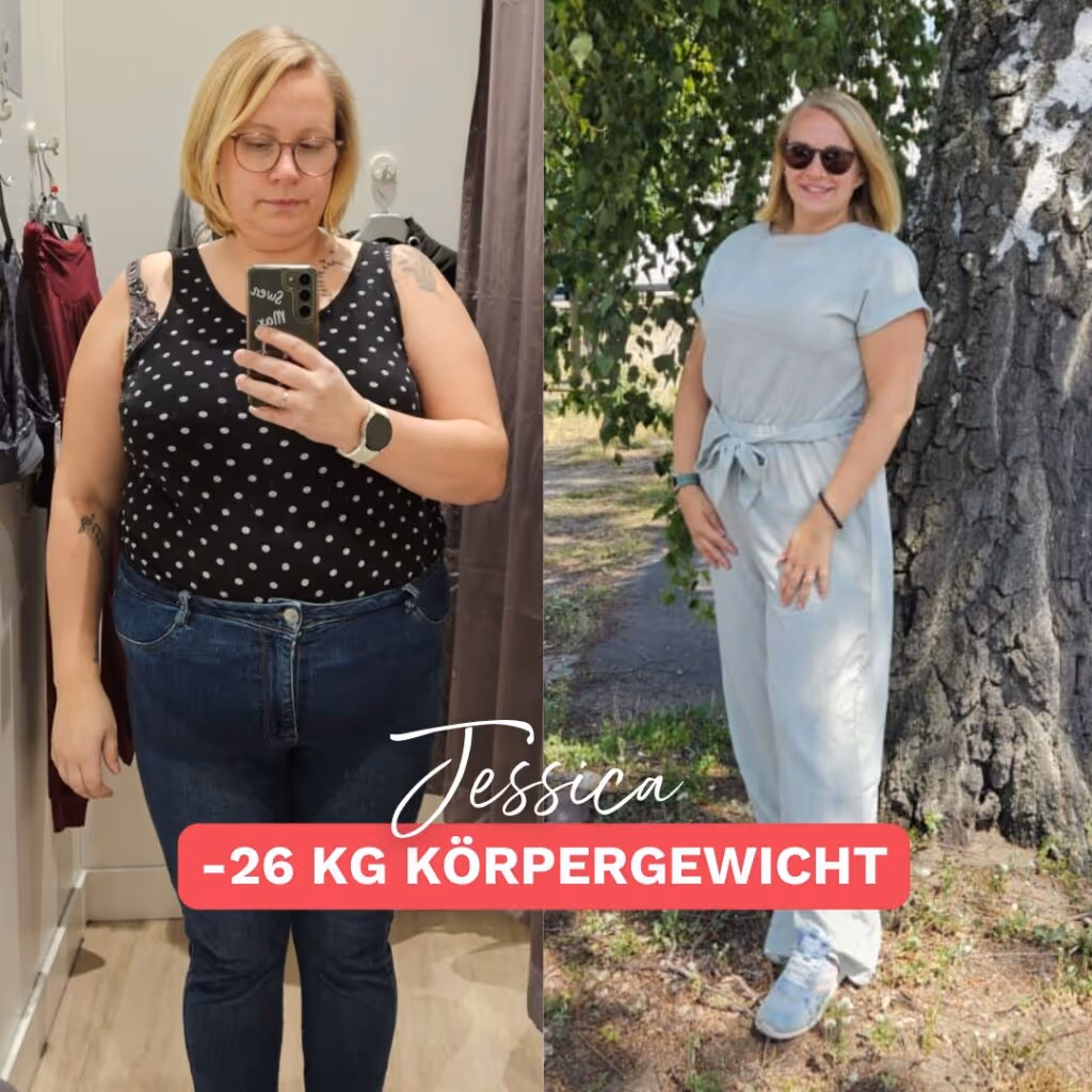Vorher-Nachher-Bild einer Frau namens Jessica, die 26 Kilo abgenommen hat. Links zeigt sie sich vor ihrer Transformation, rechts trägt sie einen Jumpsuit, die ihren Erfolg sichtbar macht. Inspirierende Geschichte über Abnehmen und mehr Lebensfreude