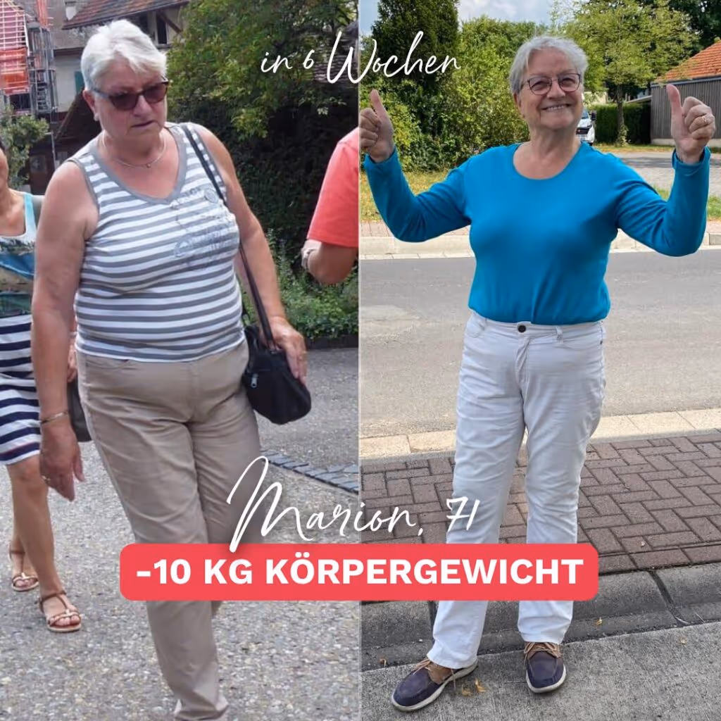 Vorher-Nachher-Bild einer Frau namens Marion, die 10 Kilo in 6 Wochen abgenommen hat. Links zeigt sie sich vor ihrer Transformation, rechts trägt sie einen neue Kleidung, die ihren Erfolg sichtbar macht. Inspirierende Geschichte über Abnehmen und mehr Lebensfreude
