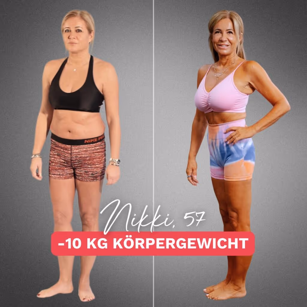Vorher-Nachher-Bild einer Frau namens Nikki, die 10 Kilo trotz Wechseljahre abgenommen hat