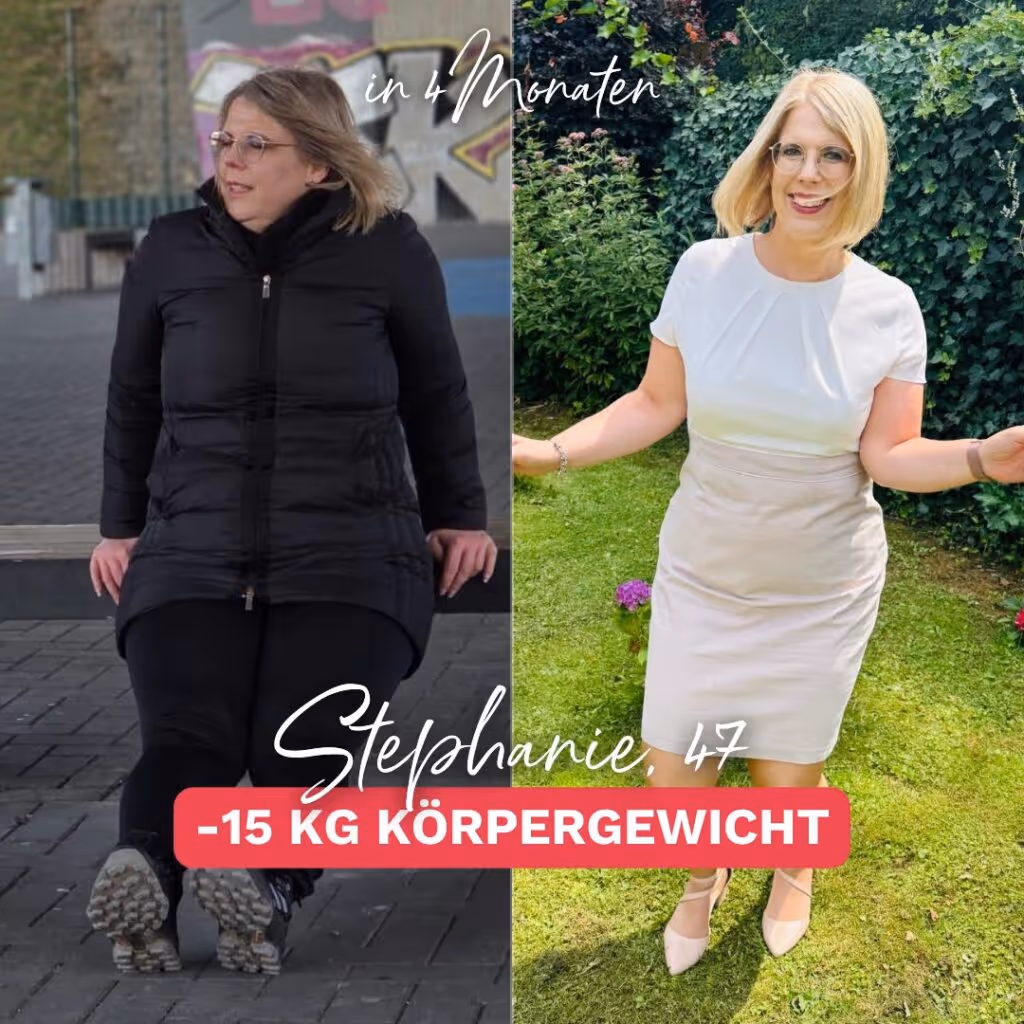 Vorher-Nachher-Bild einer Frau namens Stephanie, die 15 Kilo abgenommen hat. Links zeigt sie sich vor ihrer Transformation, rechts trägt sie ein Kleid, das ihren Erfolg sichtbar macht. Inspirierende Geschichte über Abnehmen und mehr Lebensfreude