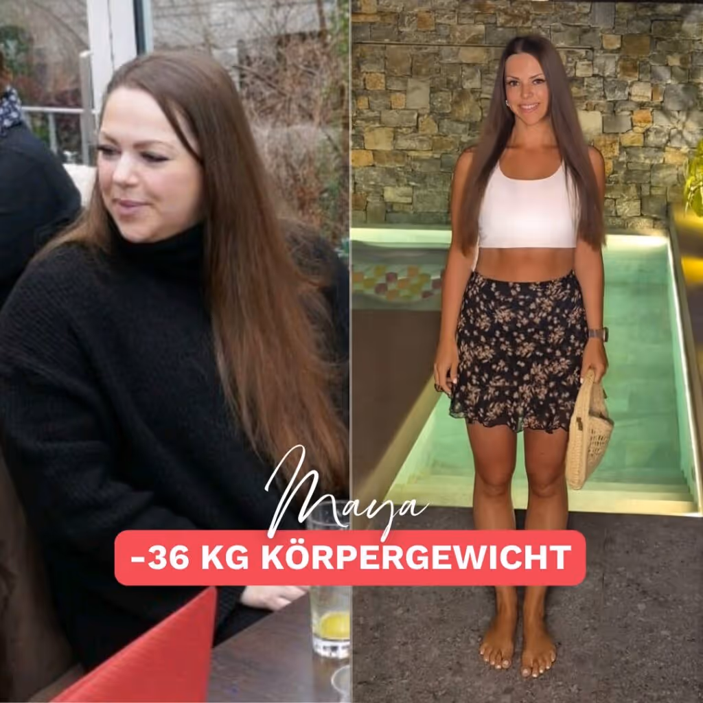 Vorher-Nachher-Bild einer Frau namens Maya, die 36 Kilo abgenommen hat. Links zeigt sie sich vor ihrer Transformation, rechts trägt sie einen neue Kleidung, die ihren Erfolg sichtbar macht. Inspirierende Geschichte über Abnehmen und mehr Lebensfreude