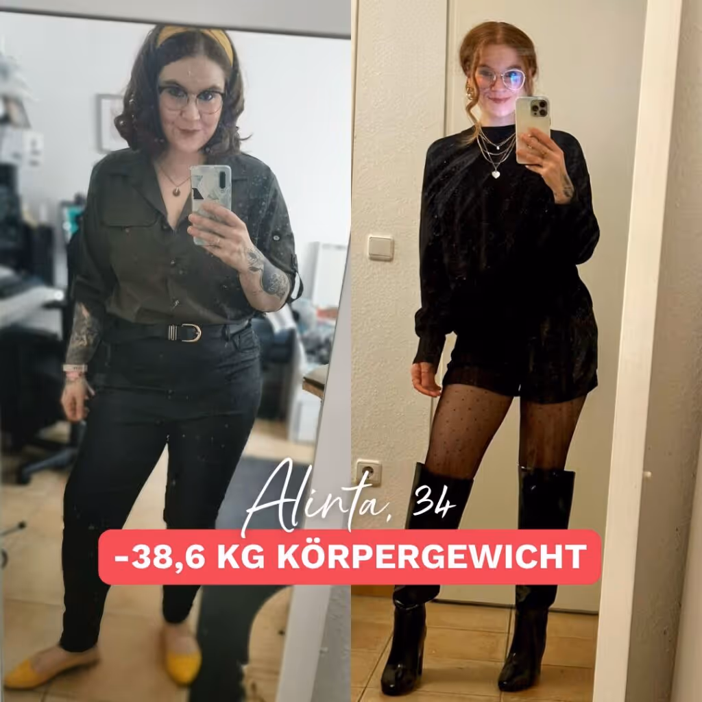 Vorher-Nachher-Bild einer Frau namens Alinta, die 38,6 Kilo abgenommen hat. Links zeigt sie sich vor ihrer Transformation, rechts trägt sie engere Kleidung, die ihren Erfolg sichtbar macht. Inspirierende Geschichte über Abnehmen und mehr Lebensfreude