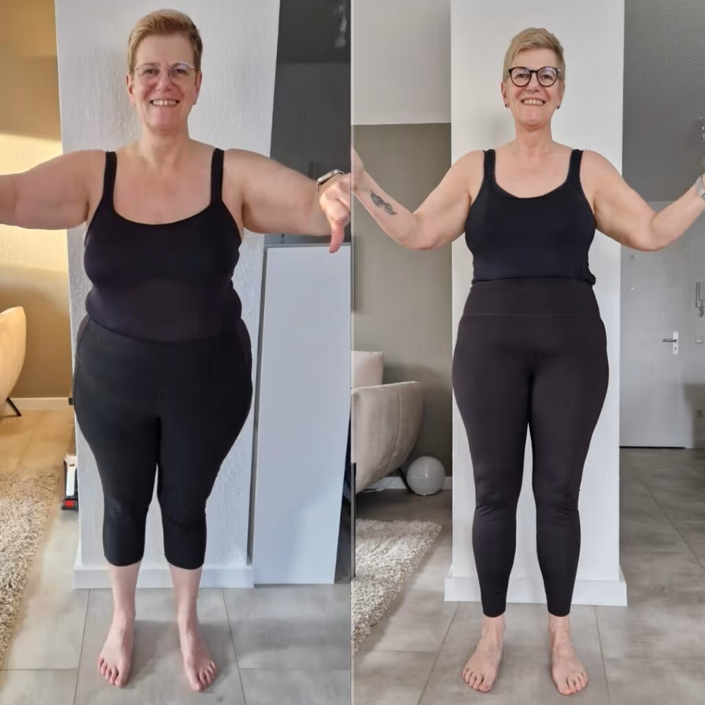 Teilnehmerin Sabine zeigt stolz ihre Vorher-nachher-Verwandlung – 23 kg weniger trotz Wechseljahre dank der Körperverwandlung Methode