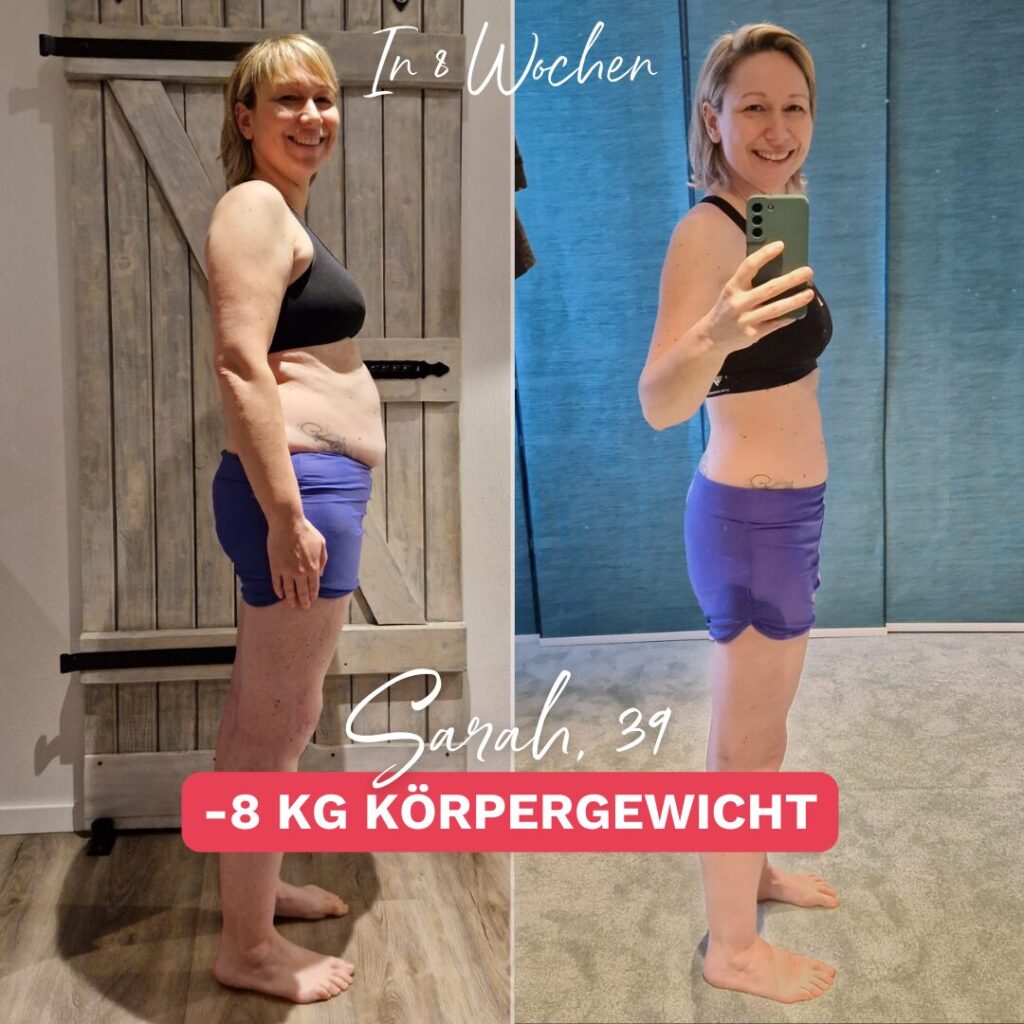 Vorher-Nachher-Foto einer Frau, die erfolgreich 8 kg Körpergewicht verloren hat. Links zeigt das Vorher-Bild die Frau mit leichtem Bauchfett, rechts das Nachher-Bild mit einem flachen Bauch und definiertem Oberkörper. 