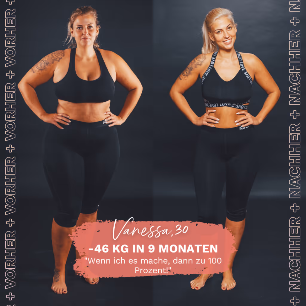 Vanessa vor schwarzem Hintergrund, Nebeneinander jeweils ein Vorher Bild und ein Nachherbild auf dem Sie 46 kg abgenommen hat. Eine Headline mit lachfarbenenem Kleckshintergrund (Designelement) "Wenn ich es mache, dann zu 100%!"