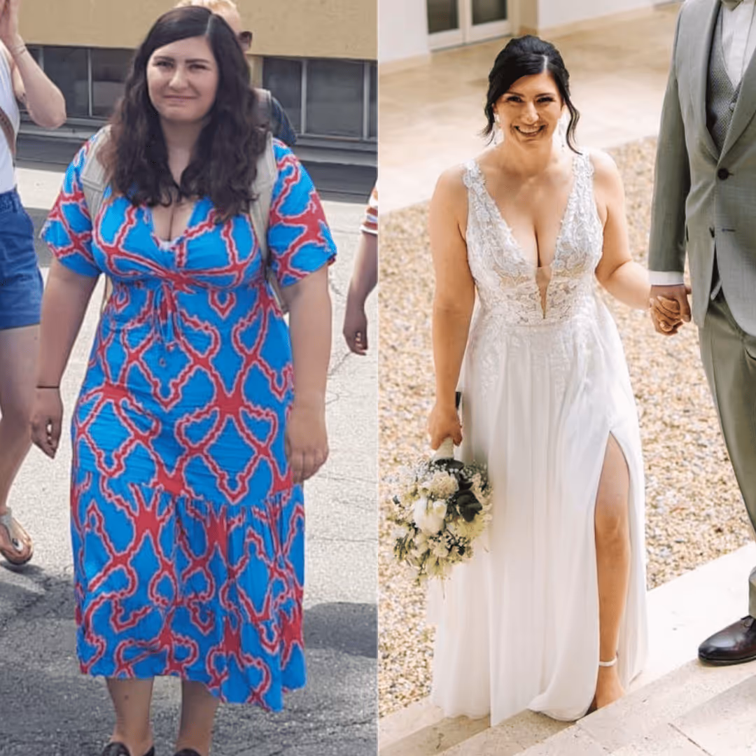 Vorher-Nachher-Transformation einer Frau mit großer Gewichtsveränderung. Links vor dem Abnehmen in Alltagskleidung, rechts schlank und selbstbewusst im Hochzeitskleid. Ergebnis einer gesunden und nachhaltigen Abnahme ohne Jojo Effekt.