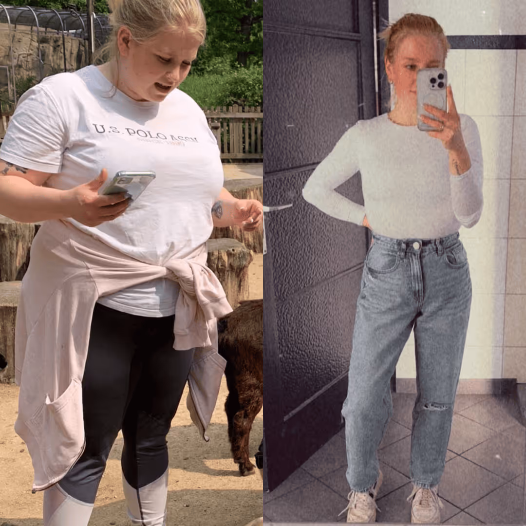 Vorher-nachher-Transformation einer Frau, deutliche Gewichtsabnahme ohne Jojo Effekt, von Übergewicht zu schlanker und fitter Körperform.