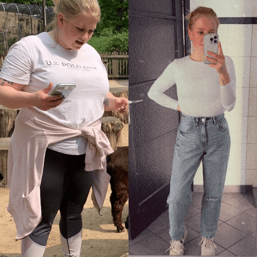 Vorher-nachher-Transformation einer Frau, deutliche Gewichtsabnahme ohne Jojo Effekt, von Übergewicht zu schlanker und fitter Körperform.