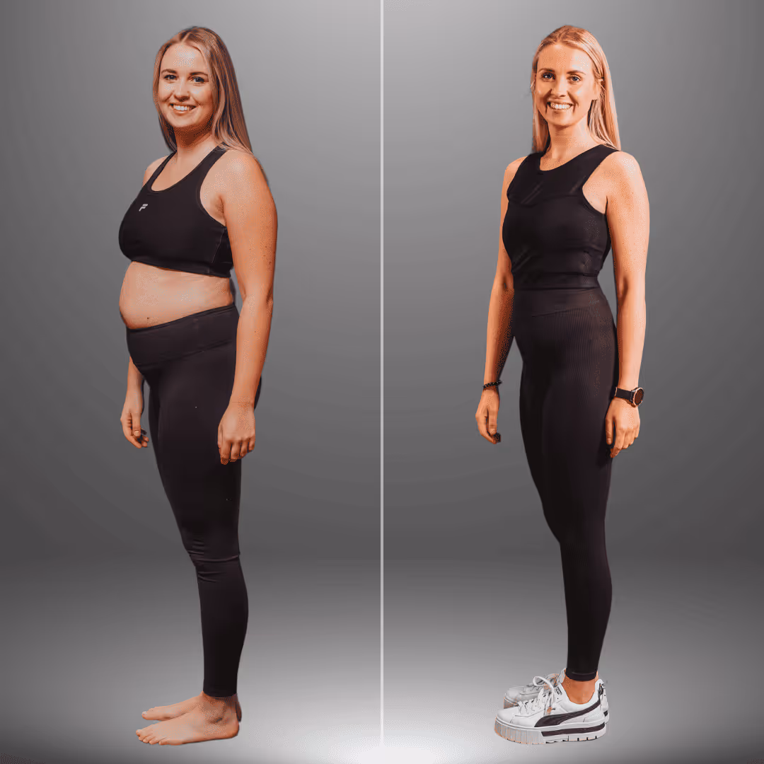 Frau vor und nach erfolgreicher Körperverwandlung – sichtbare Veränderung nach -12 kg Gewichtsreduktion durch angepasste Mahlzeitenfrequenz und strukturierte Ernährung.